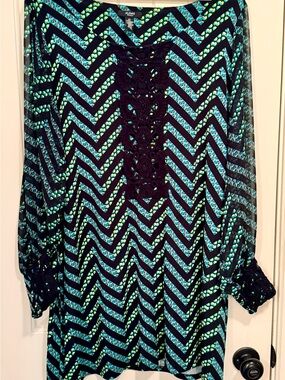 Alfani Teal, Black, & Lime Green Chevron Lace-Trim Tunic Dress